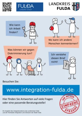 Plakat mit verschiedenen Menschen, die Fragen zu Integration haben. Auf der Webseite www.integration-fulda.de finden Sie Antworten.