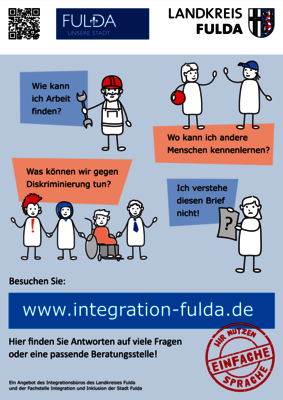 Plakat mit verschiedenen Menschen, die Fragen zu Integration haben. Auf der Webseite www.integration-fulda.de finden Sie Antworten.