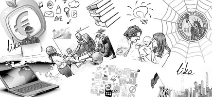 gezeichnete Schwarz-Weiß-Collage mit vielen einzelnen Elementen: z. B. ein Laptop mit Weltkarte, einer Besprechungssituation, aufeinander gestapelte Bücher, ein Spinnennetz, bei dem eine Münze mit der Freiheitsstatue in der Mitte ist, einer Familie mit kleinem Baby und einer Glühlampe. Es sieht aus, als habe ein Elternteil gerade eine Idee. 