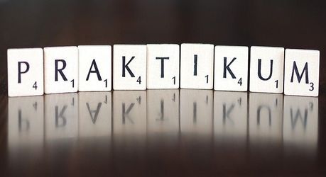 Scrabble-Buchstaben sind nebeneinander aufgestellt. Aus den Buchstaben ergibt sich das Wort "Praktikum"