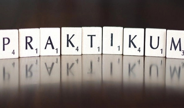 Scrabble-Buchstaben sind nebeneinander aufgestellt. Aus den Buchstaben ergibt sich das Wort "Praktikum"