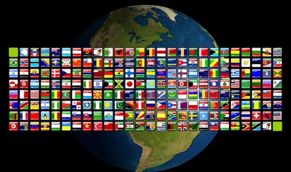 Im Hintergrund ist die Weltkugel. Davor sind in Form eines großen Rechtecks sehr viele kleine Flaggen von vielen Ländern der Erde. 
