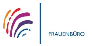 Logo mit Schriftzug "Frauenbüro" und Illustration mit 6 halbrunden, buten Farbstreifen