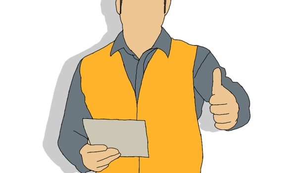 Illustration eines Arbeiters mit blauem Helm und gelber Weste. Der Mann hält in der rechten Hand ein Dokument. Mit der linken Hand macht er den Daumen hoch.