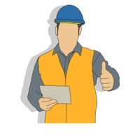 Illustration eines Arbeiters mit blauem Helm und gelber Weste. Der Mann hält in der rechten Hand ein Dokument. Mit der linken Hand macht er den Daumen hoch.